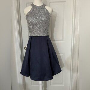 B. Darlin Silver and Navy Halter Neck Backless Dress with Tie